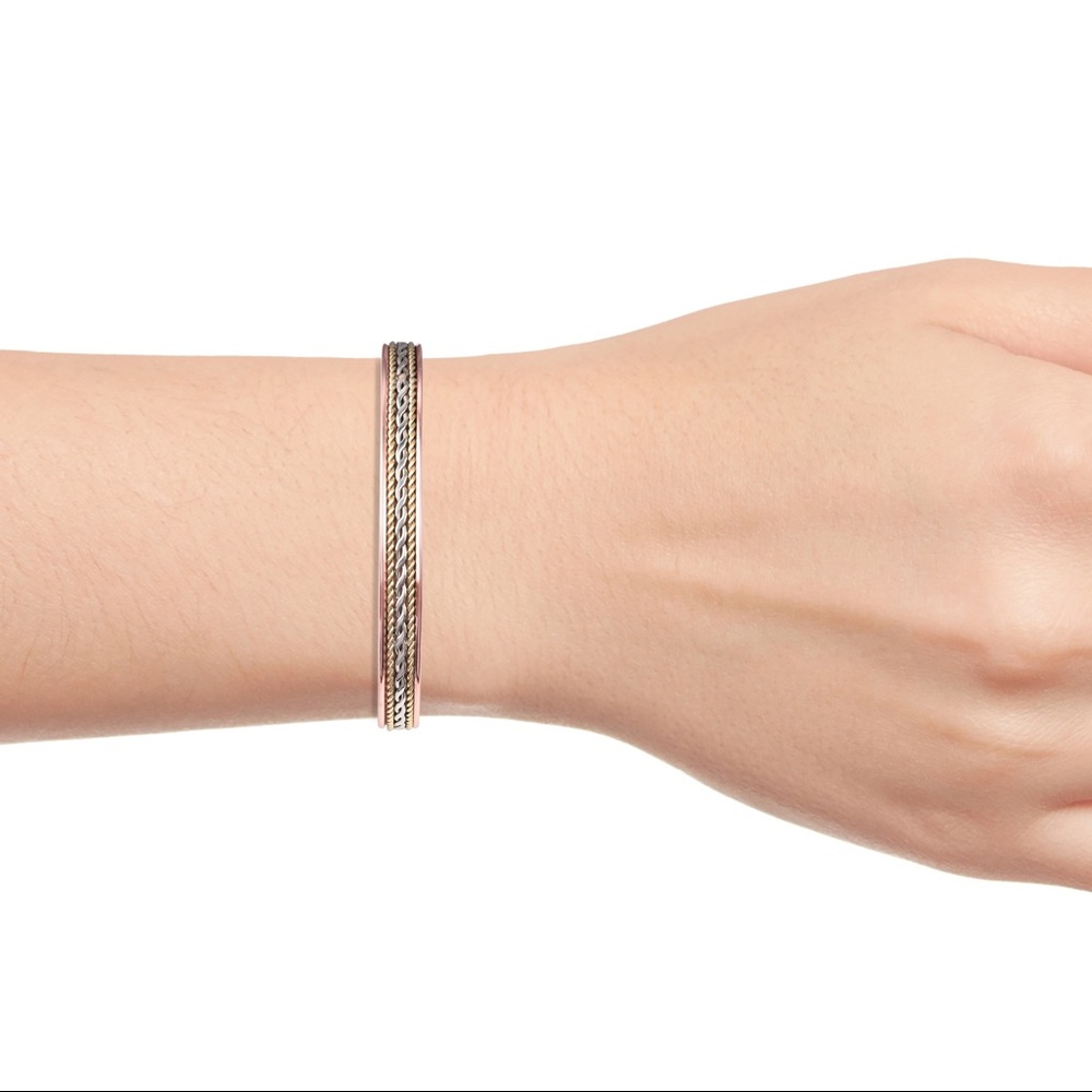 Rose Gold, and Silver Tone Rope Cuff Copper Magnetic Bracelet - Picture 5 of 5